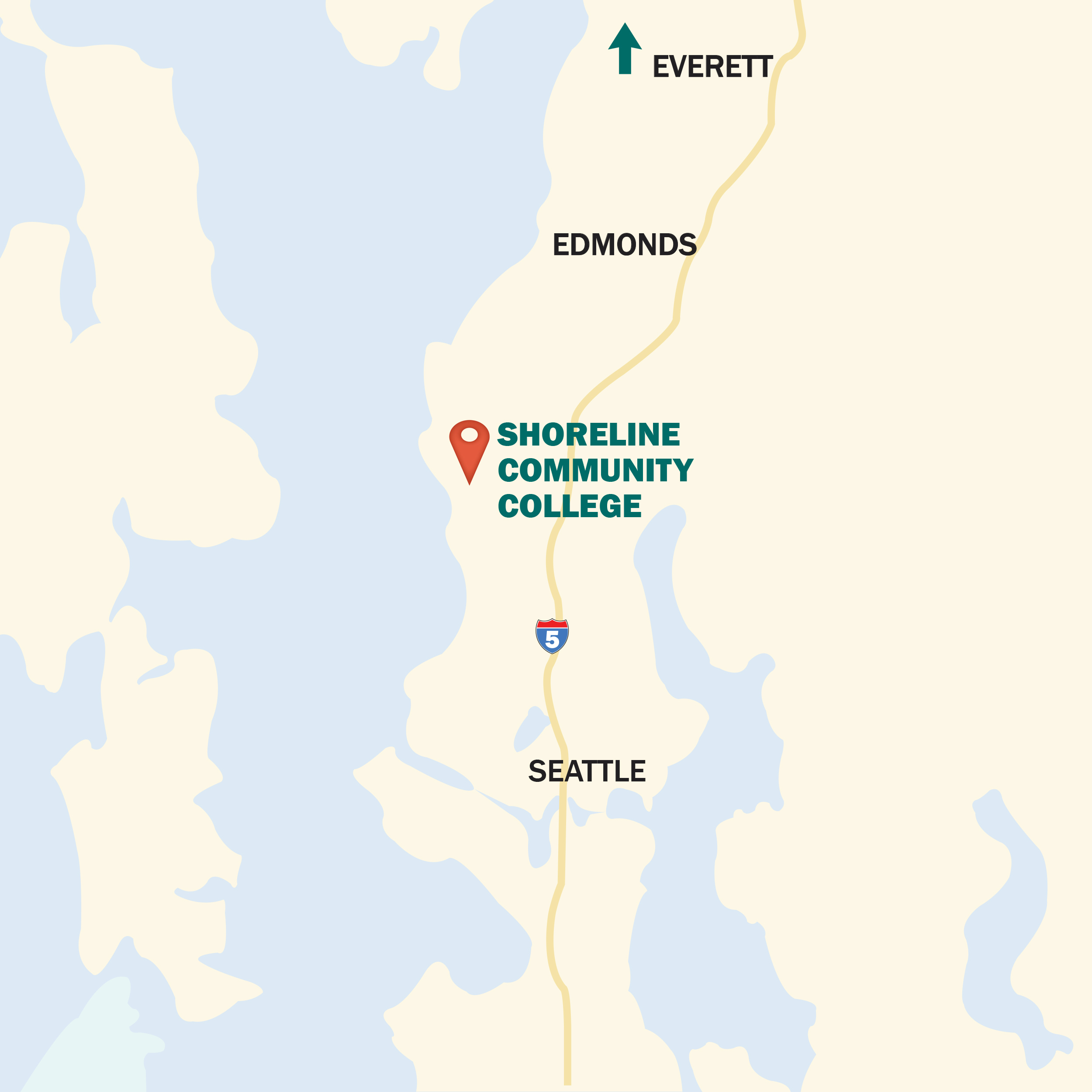 Map showing Shoreline Community College's location between Seattle and Everett, WA